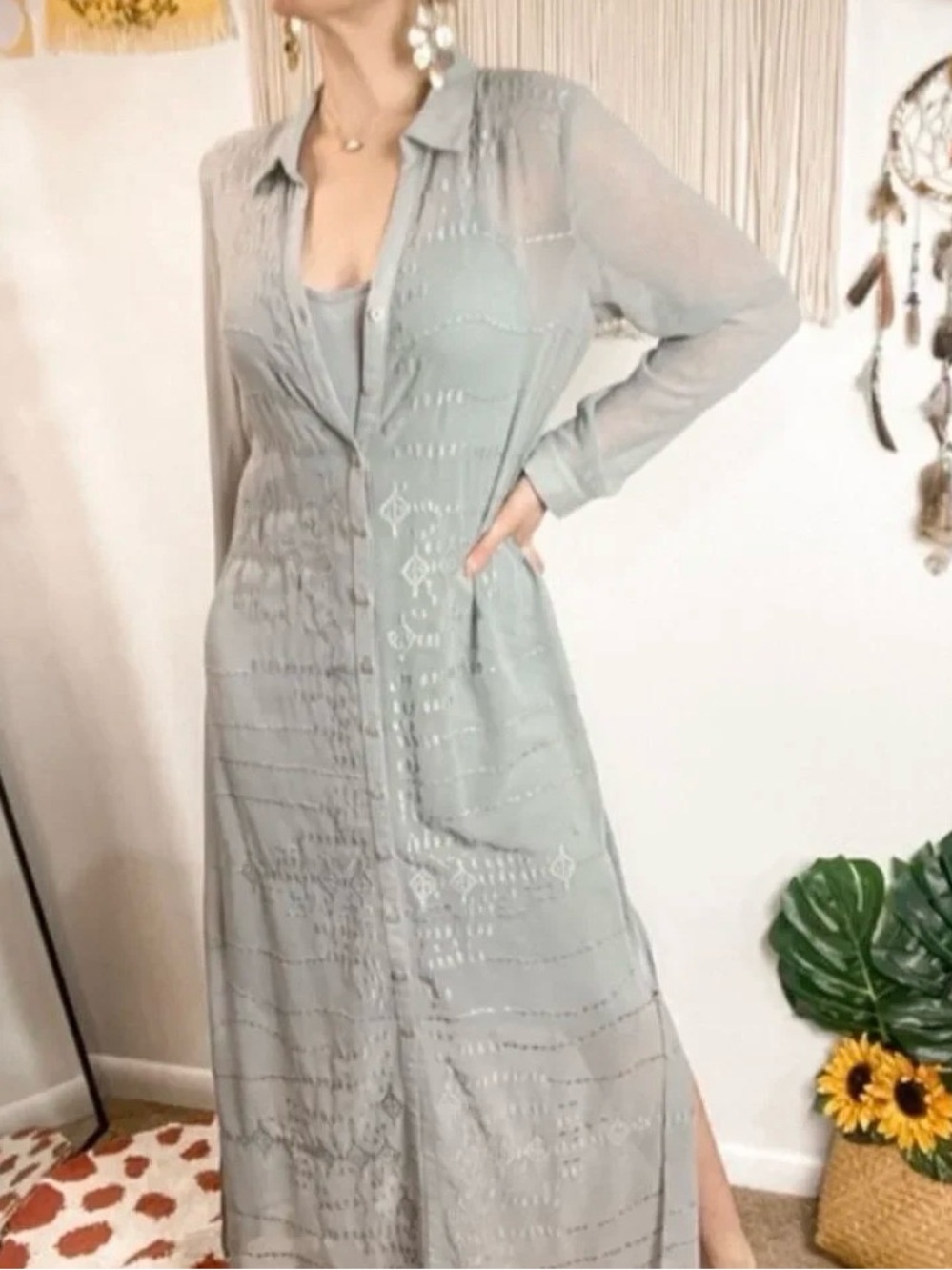 Soft Surroundings Ibiza Georgette Embroidered Gown Sage